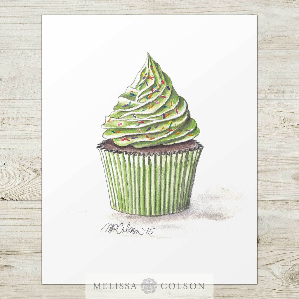 Green Cupcake Watercolor Art Print - Melissa Colson