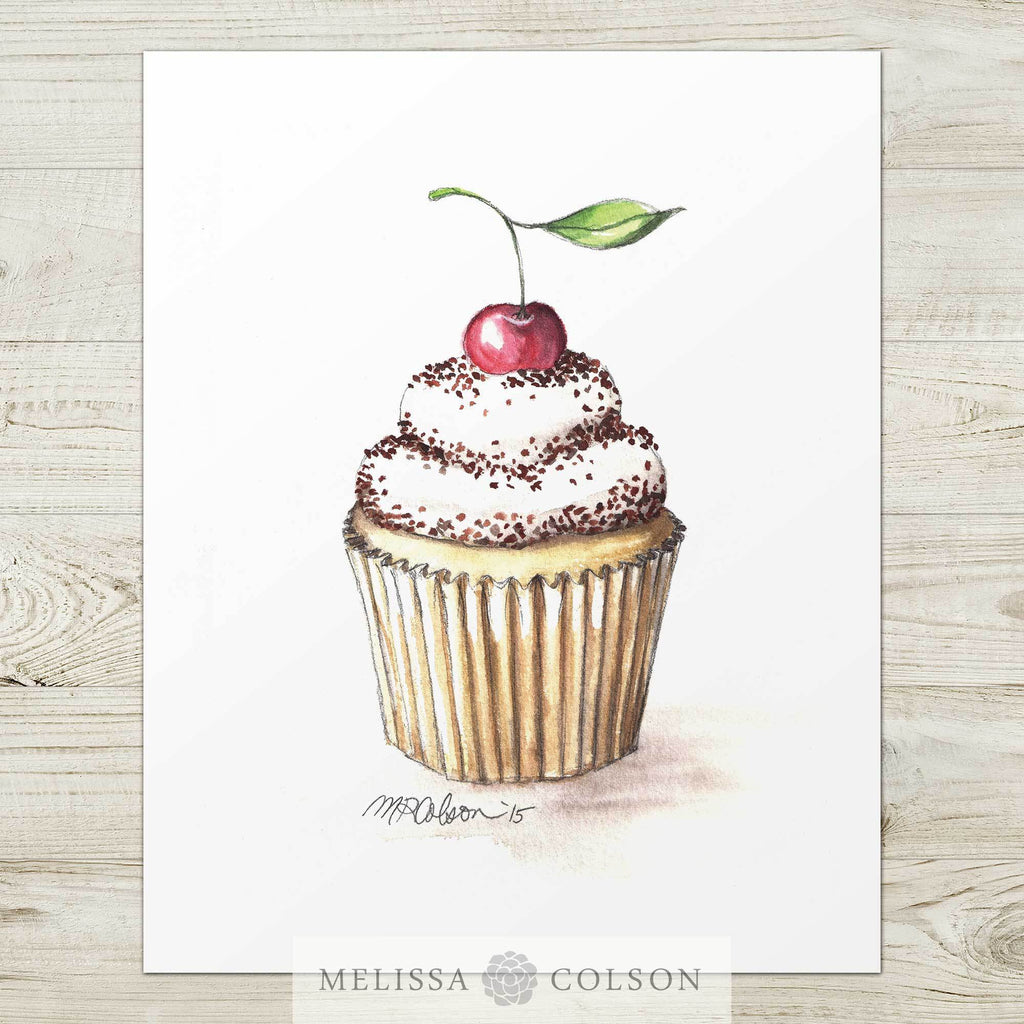 Cupcake with a Cherry Watercolor Art Print - Melissa Colson