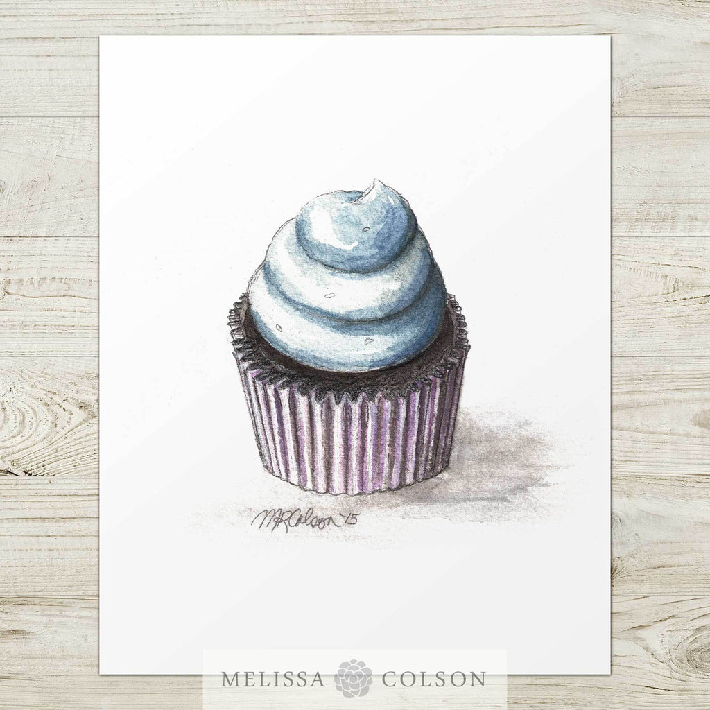 Blue Cupcake Watercolor Art Print - Melissa Colson