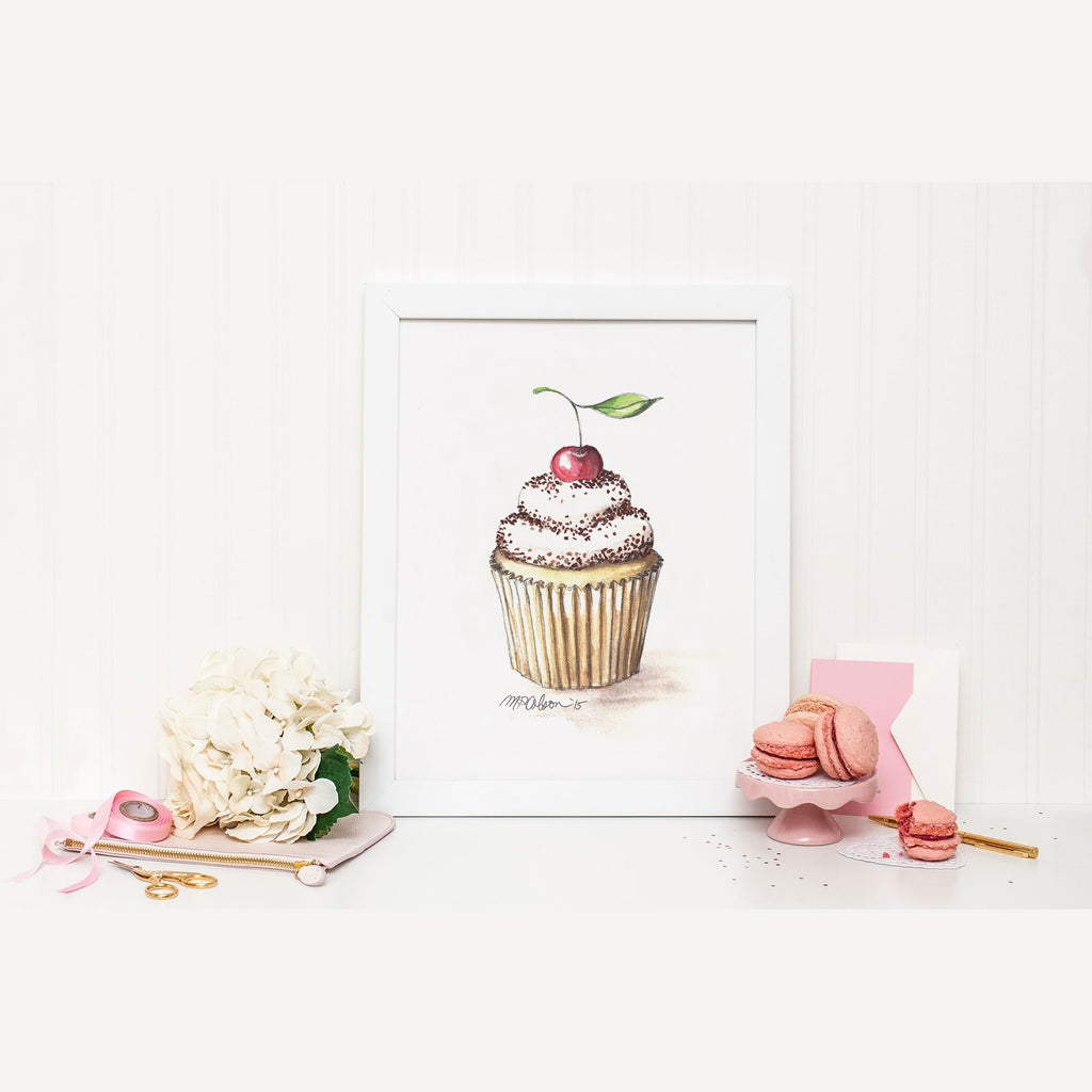 Cupcake with a Cherry Watercolor Giclée Art Print - Melissa Colson