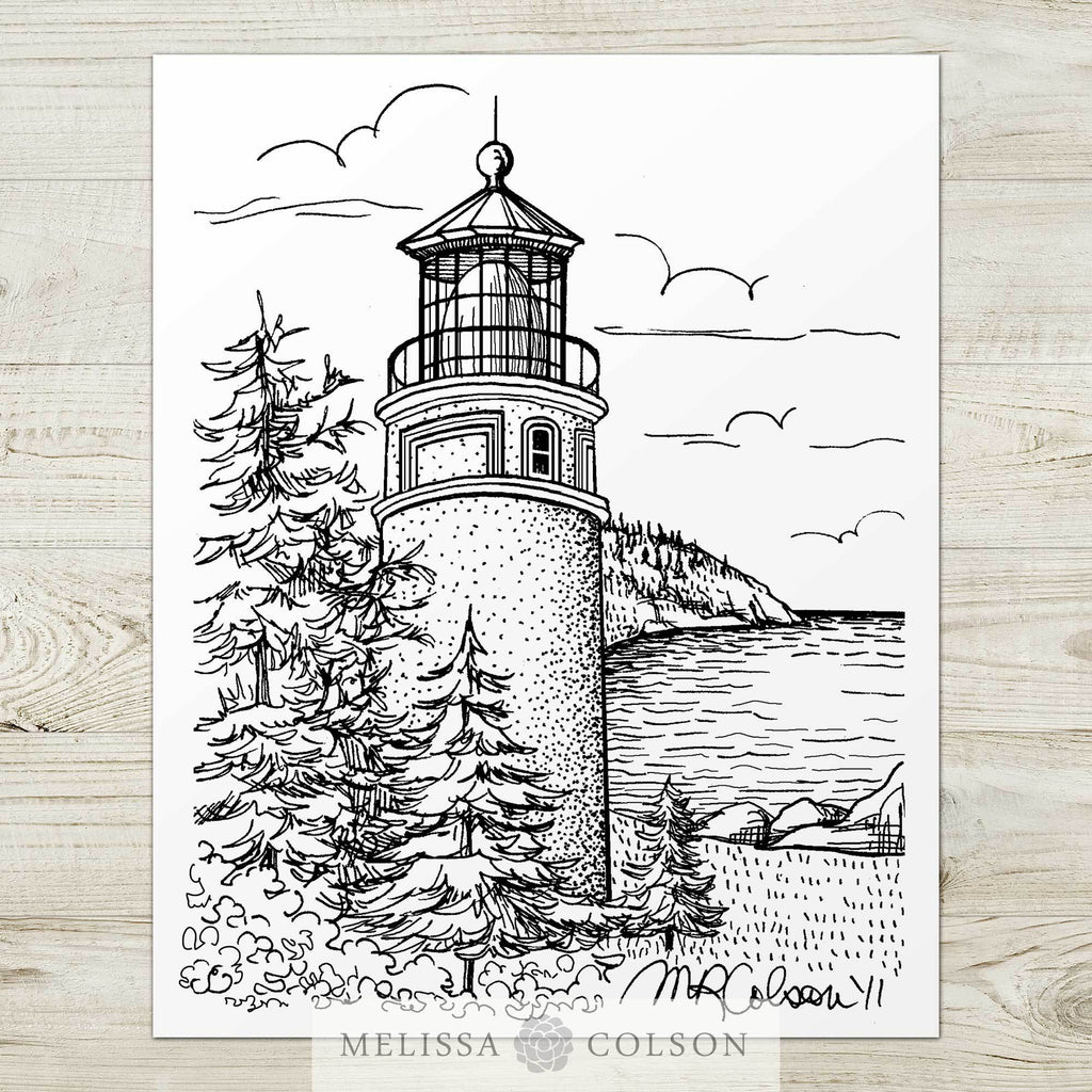 Heceta Head Lighthouse Pen and Ink Art Print - Melissa Colson