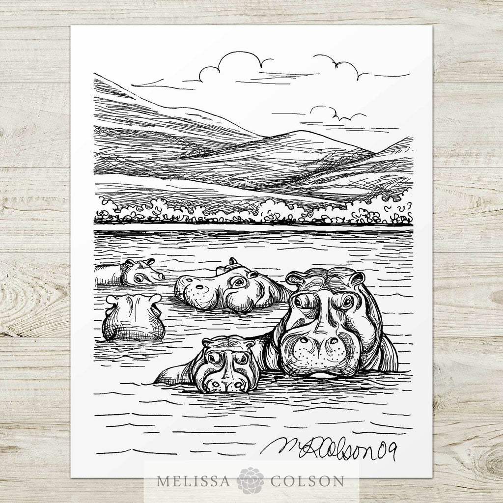 Hippos Pen and Ink Art Print - Melissa Colson