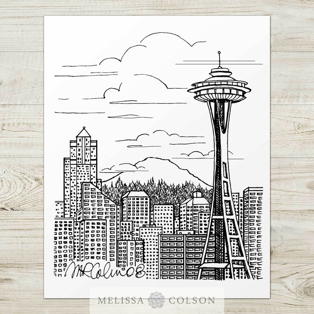 Seattle Skyline Pen and Ink Art Print - Melissa Colson
