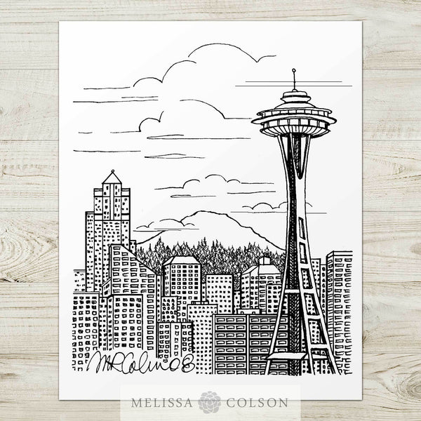 Seattle Kraken 2024 Space Needle Pen & Ink Print