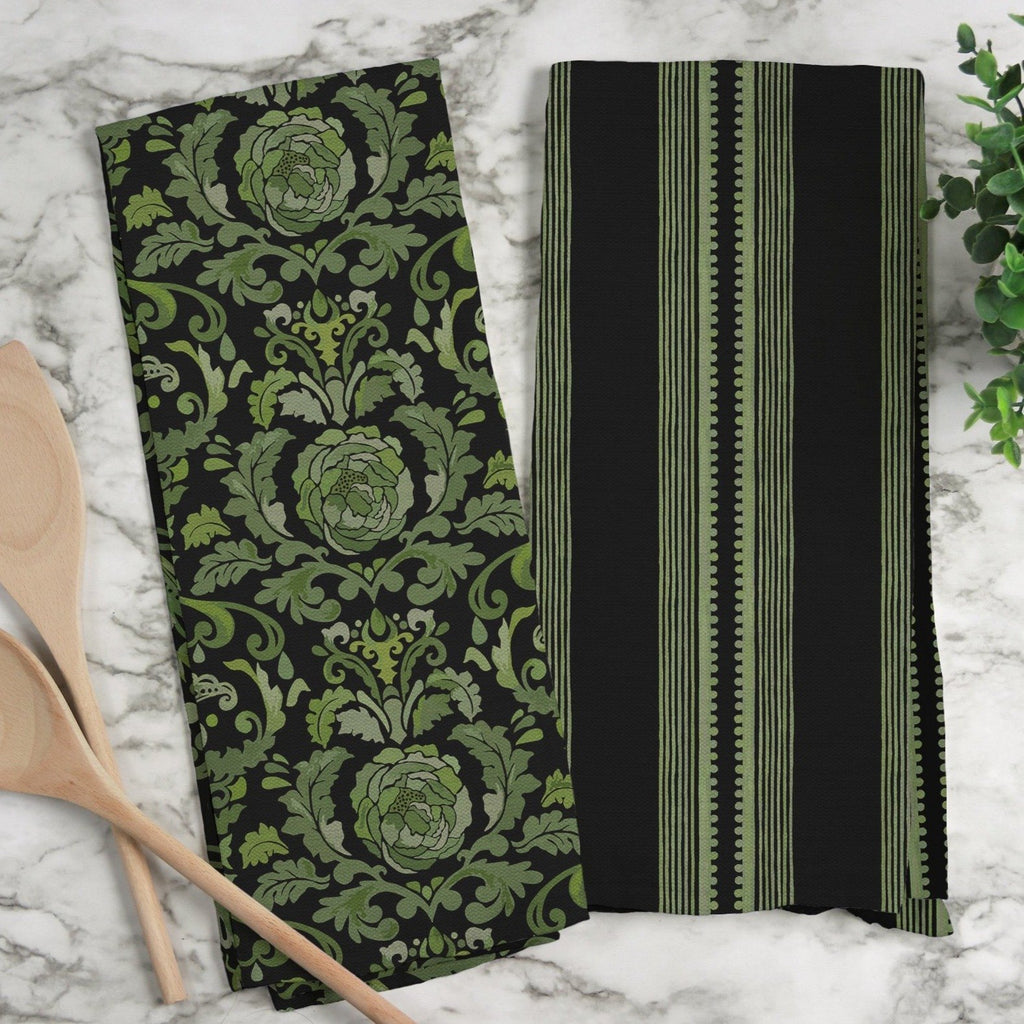 Victoria Damask Tea Towel in Green / Black - Melissa Colson